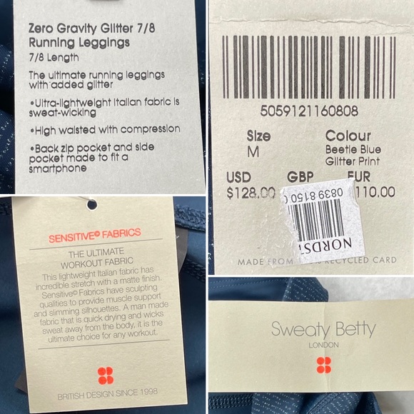 Sweaty Betty NWT The Zero Gravity Leggings 7/8 Length Beetle Blue Glitter Medium - Picture 11 of 13